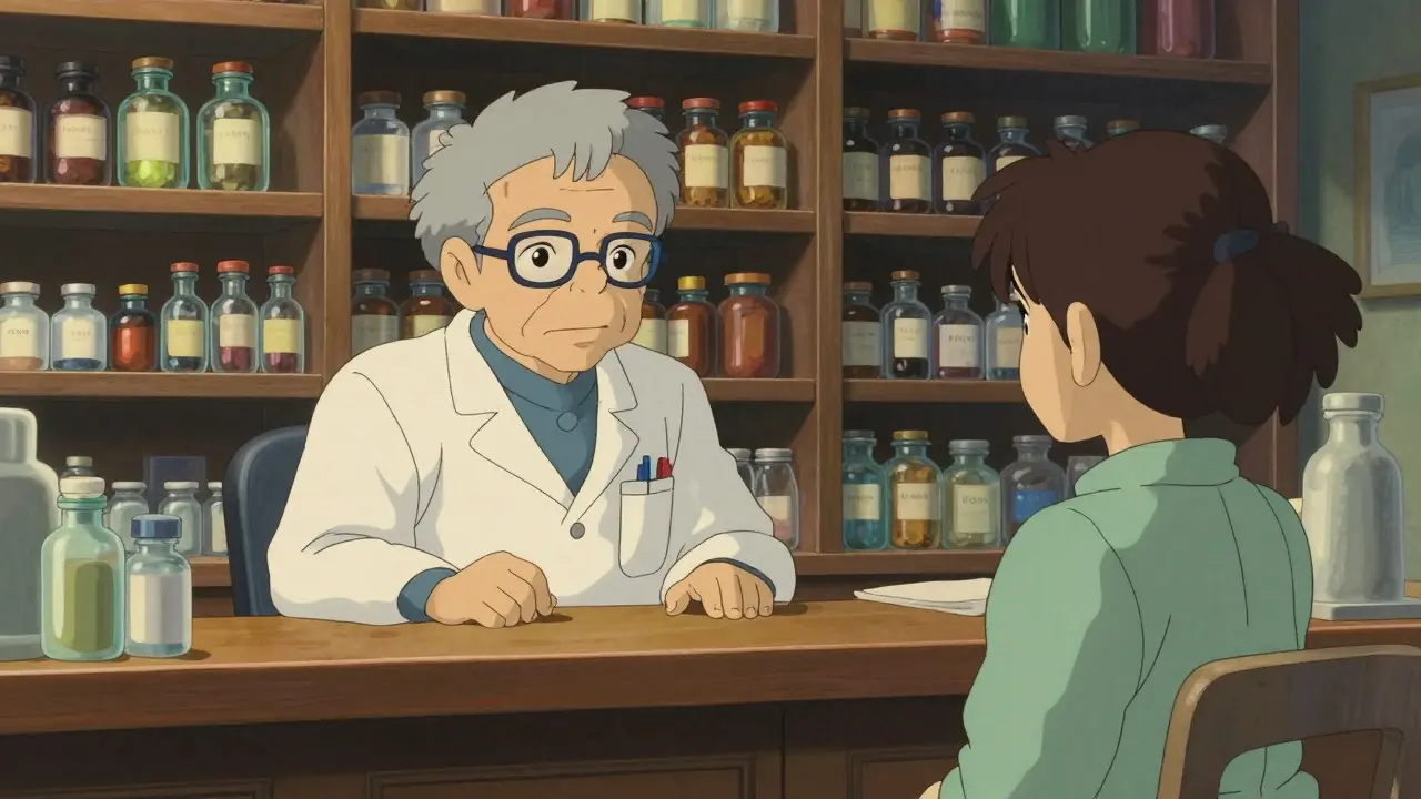 Consultation bienveillante en pharmacie illustrée au style Ghibli