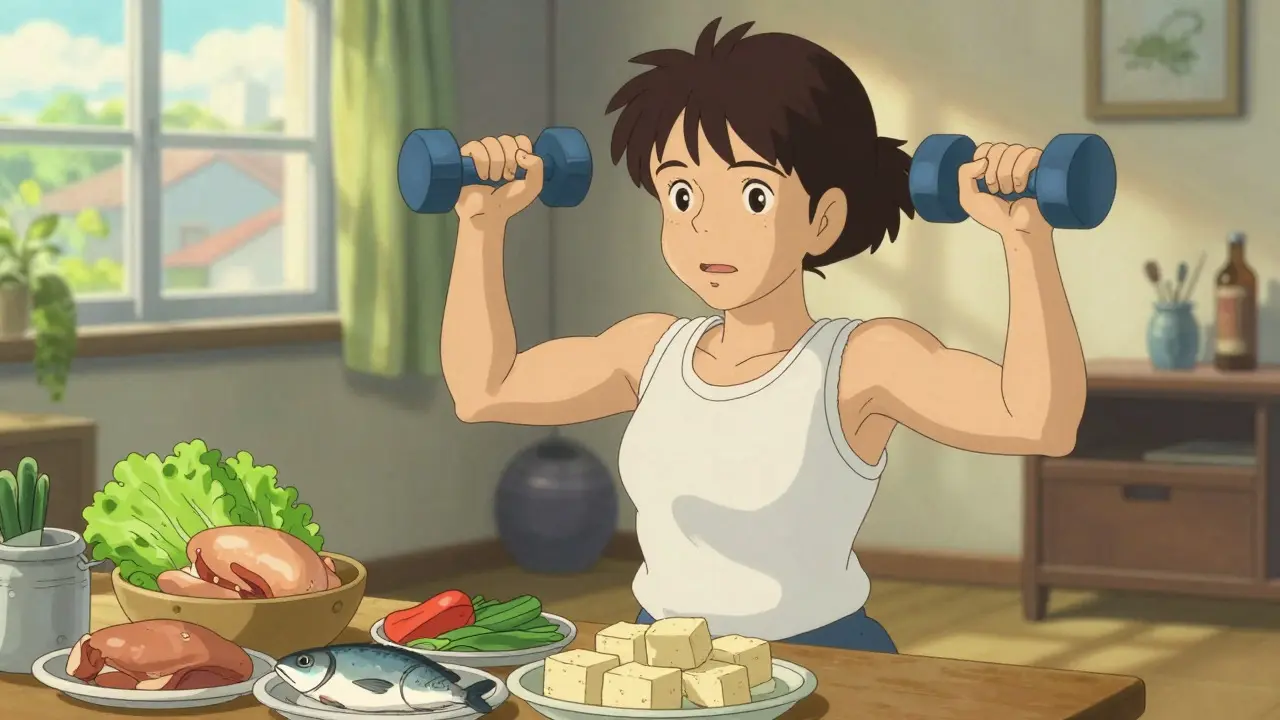 Femme faisant du renforcement musculaire avec des aliments riches en protéines