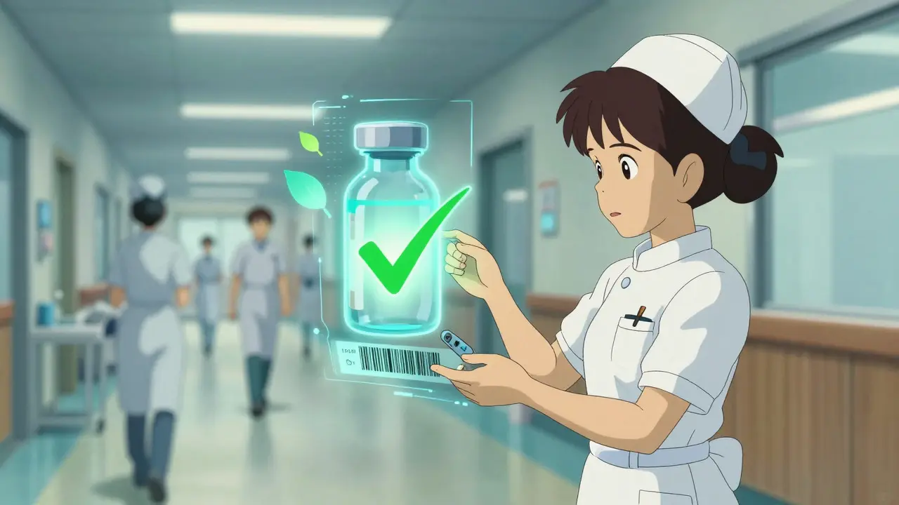 Infirmière scannant un code-barres avec une validation verte holographique