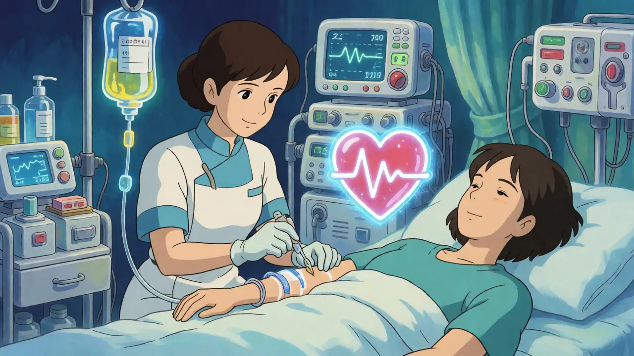 Intervention médicale douce stabilisant le rythme cardiaque dans un style Ghibli apaisant.