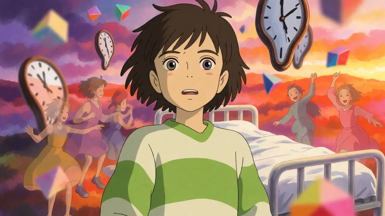 Personnage en proie au délire anticholinergique dans un paysage surréaliste aux couleurs vives.