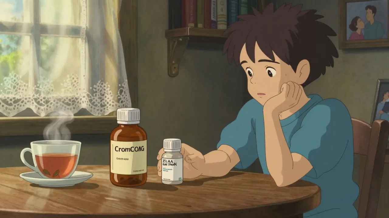 Personne comparant deux flacons de médicaments sur une table à la maison