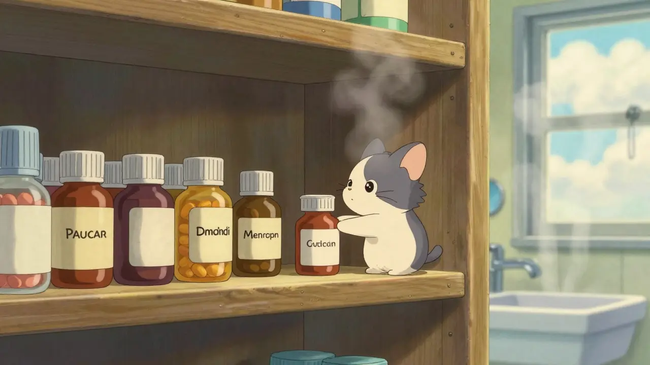 Petit animal rangeant soigneusement des médicaments sur une étagère sèche et sûre.
