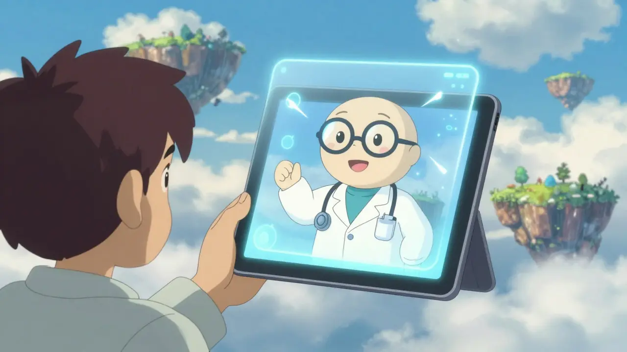 Une consultation médicale virtuelle représentée par un docteur amical apparaissant sur une tablette dans un décor féerique et nuageux.